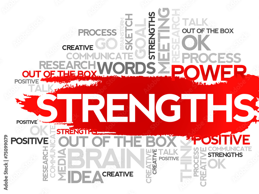 STRENGTHS. Word business collage, vector background