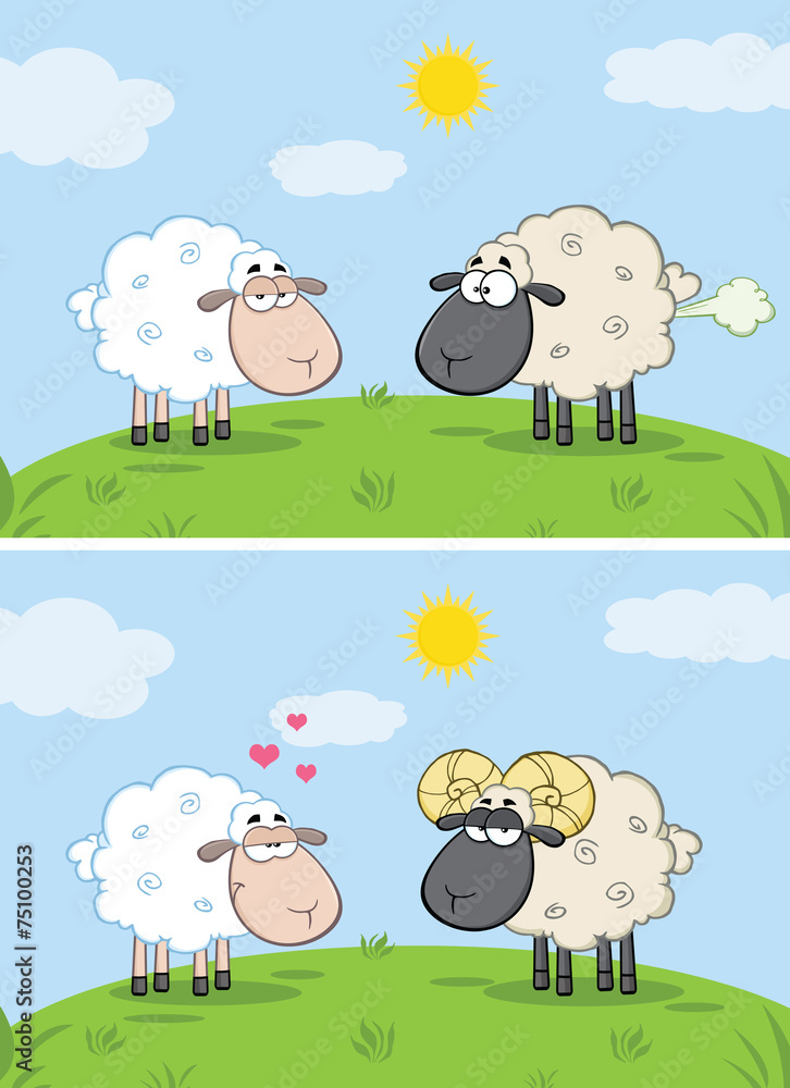 White Sheep In Love With Ram Sheep On A Meadow. Collection Set White Sheep In Love With Ram Sheep On A Meadow. Collection Set