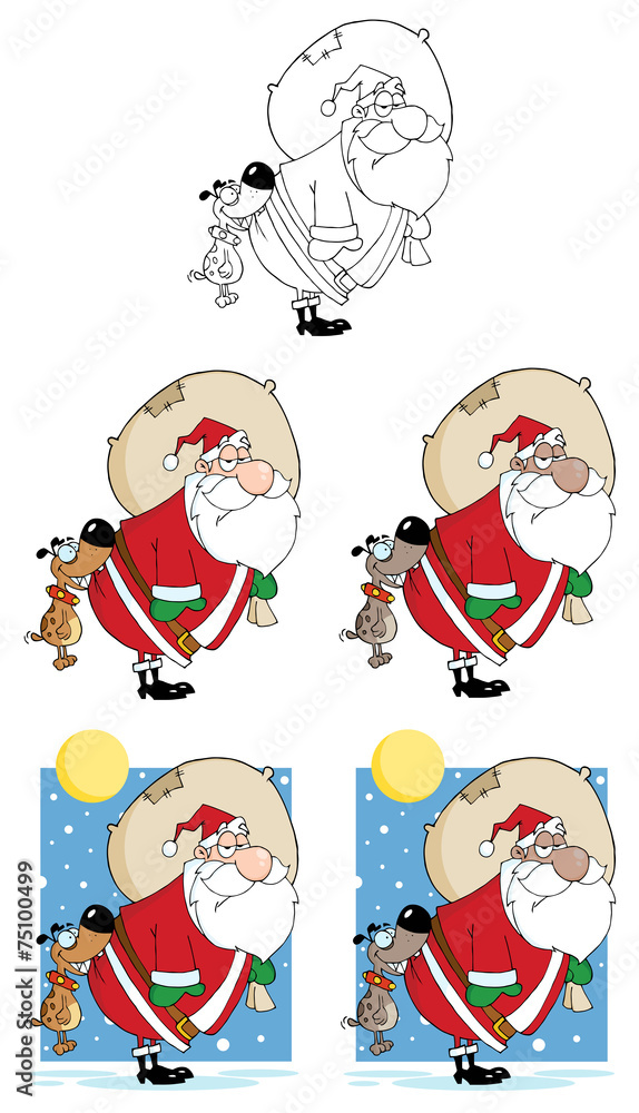 Dog Biting A Santa Claus In The Night. Collection Set