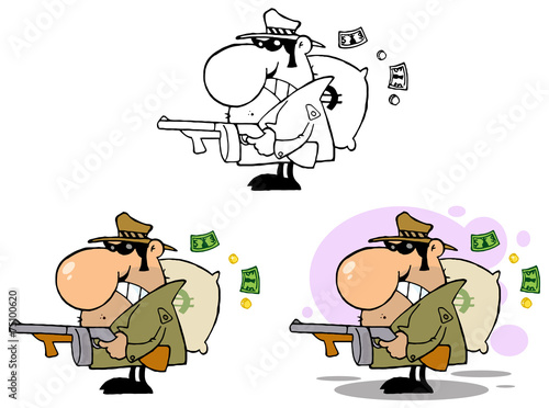 Gangster Holding A Machine Gun And Money Sack. Collection Set