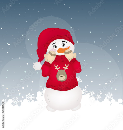 hiding snowman in a red printed pullover