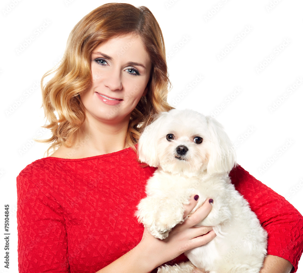 beautiful young woman and a sweet little white dog beautiful young woman and a sweet little white dog
