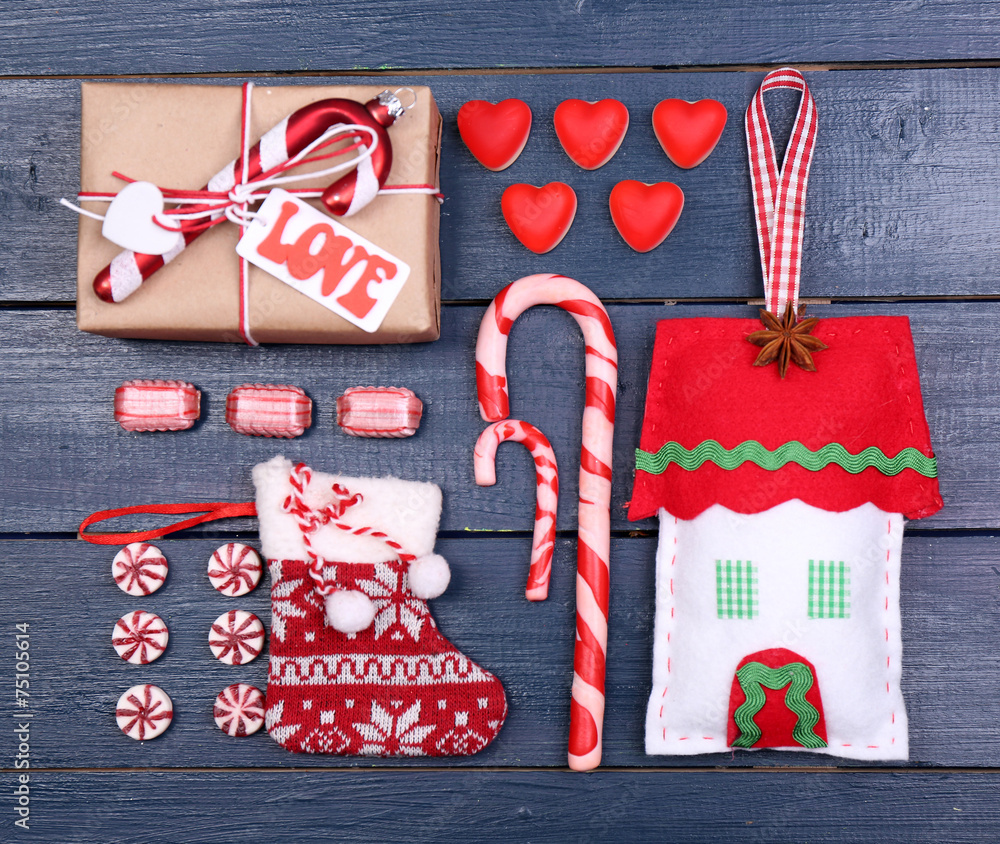 Fototapeta premium Collection of Christmas objects on color wooden background