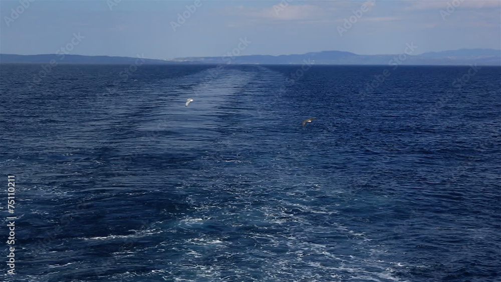 Seagulls over track from the ship in Aegean Sea. Seagulls over track from the ship in Aegean Sea.