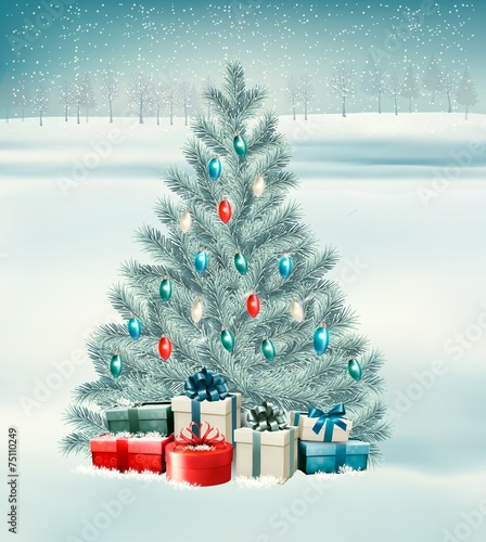 Christmas tree with presents background. Vector.