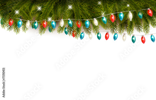 Christmas background with branches and a garland. Vector photo
