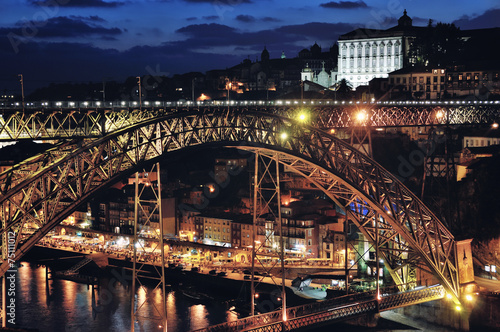Arch metallic bridge over Douro River in Porto at night