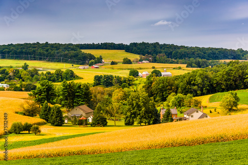 View of farm fields and rolling hills in rural York County, Penn