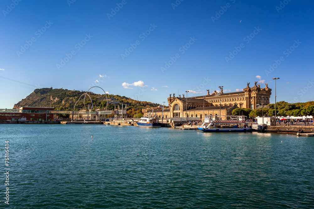 View on Barcelona Harbour and Montjuic Hill, Barcelona, Cataloni