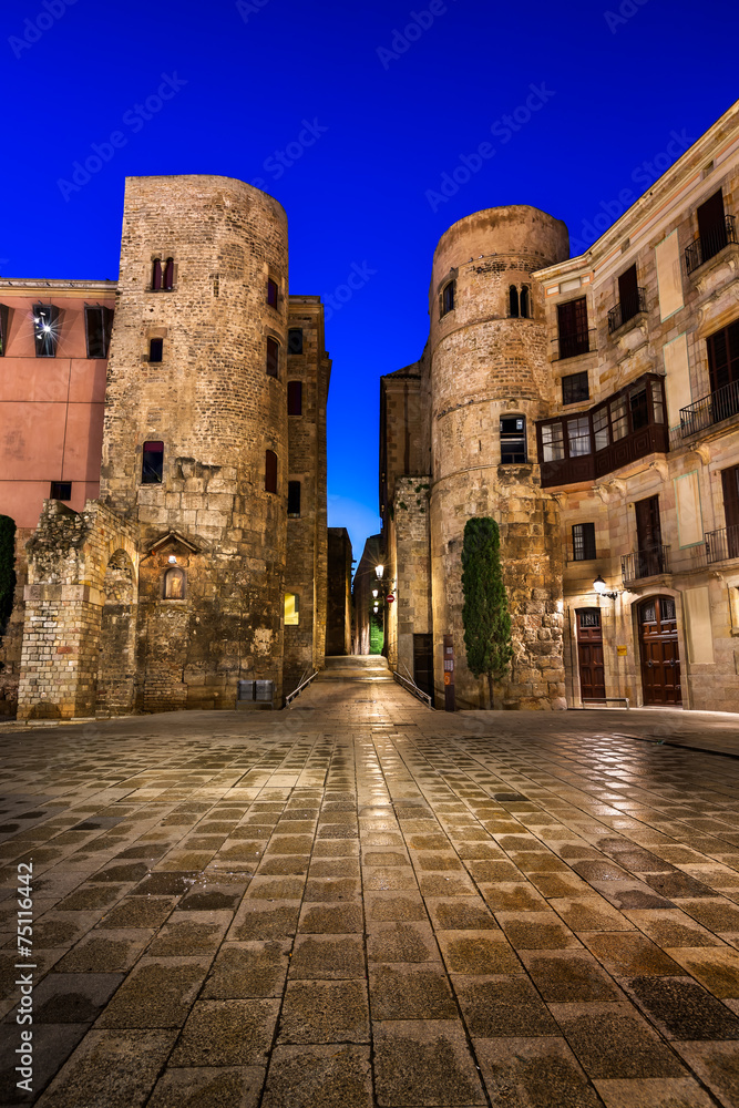 Ancient Roman Gate and Placa Nova in the Morning, Barcelona, Cat