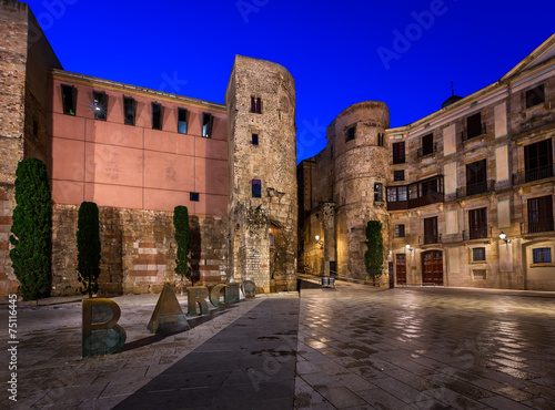 Photography Ancient Roman Gate and Placa Nova in the Morning, Barcelona, Cat