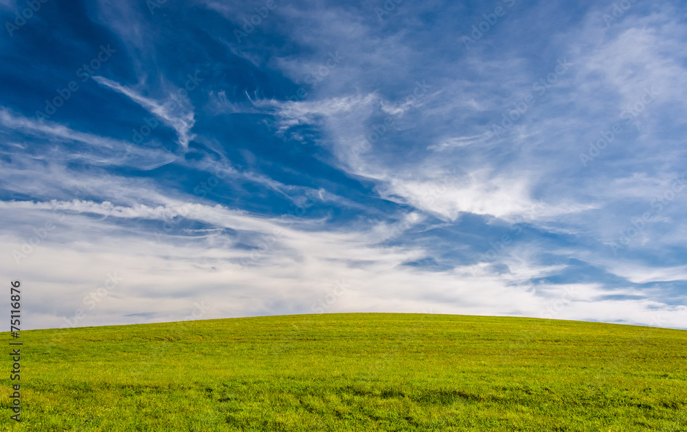 Wispy clouds over a grassy hill in York County, Pennsylvania.