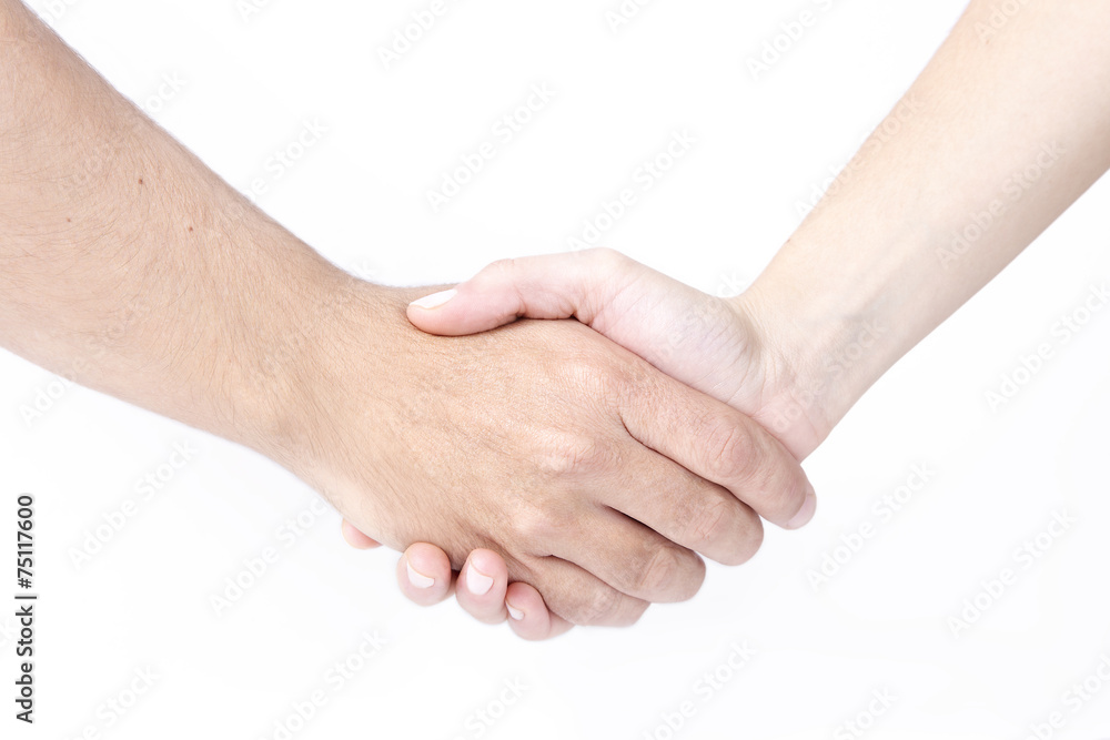 Man and woman shaking hands, isolated on white Man and woman shaking hands, isolated on white