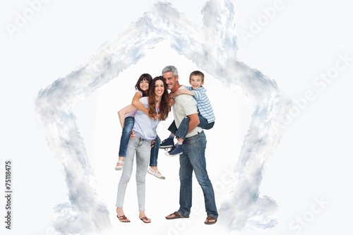 Composite image of parents holding their children on backs