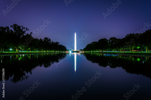 The Washington Monument reflecting in the Reflection Pool at nig