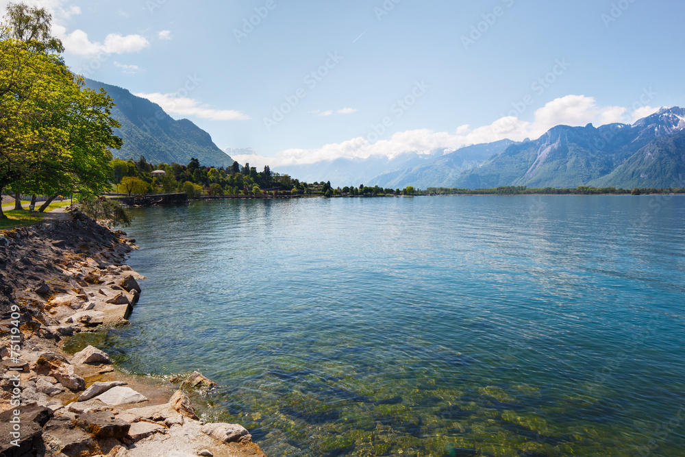 Fototapeta premium Landscape. Lakeside and snowy mountains at the sunny day