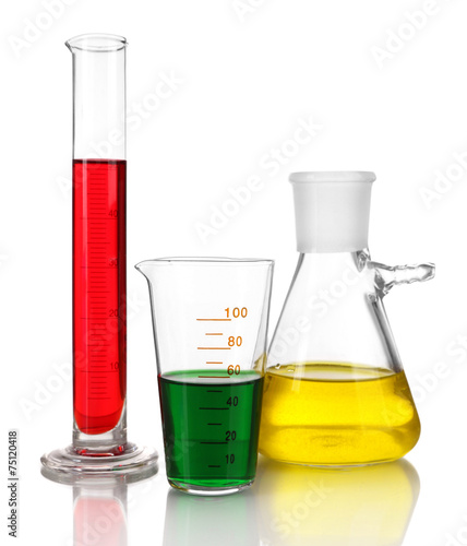 Test-tube and flasks with colorful fluid isolated on white