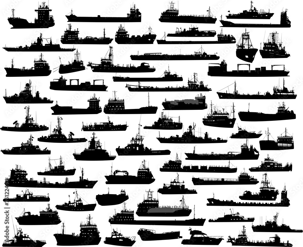 Fototapeta premium Vector set of 61 silhouettes of sea towboat and the ships