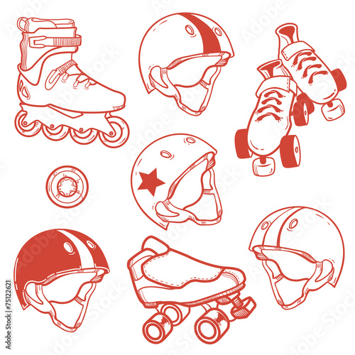 set of roller skates helmets wheel