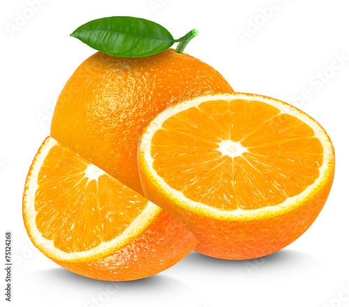 Fresh orange and slices isolated on white