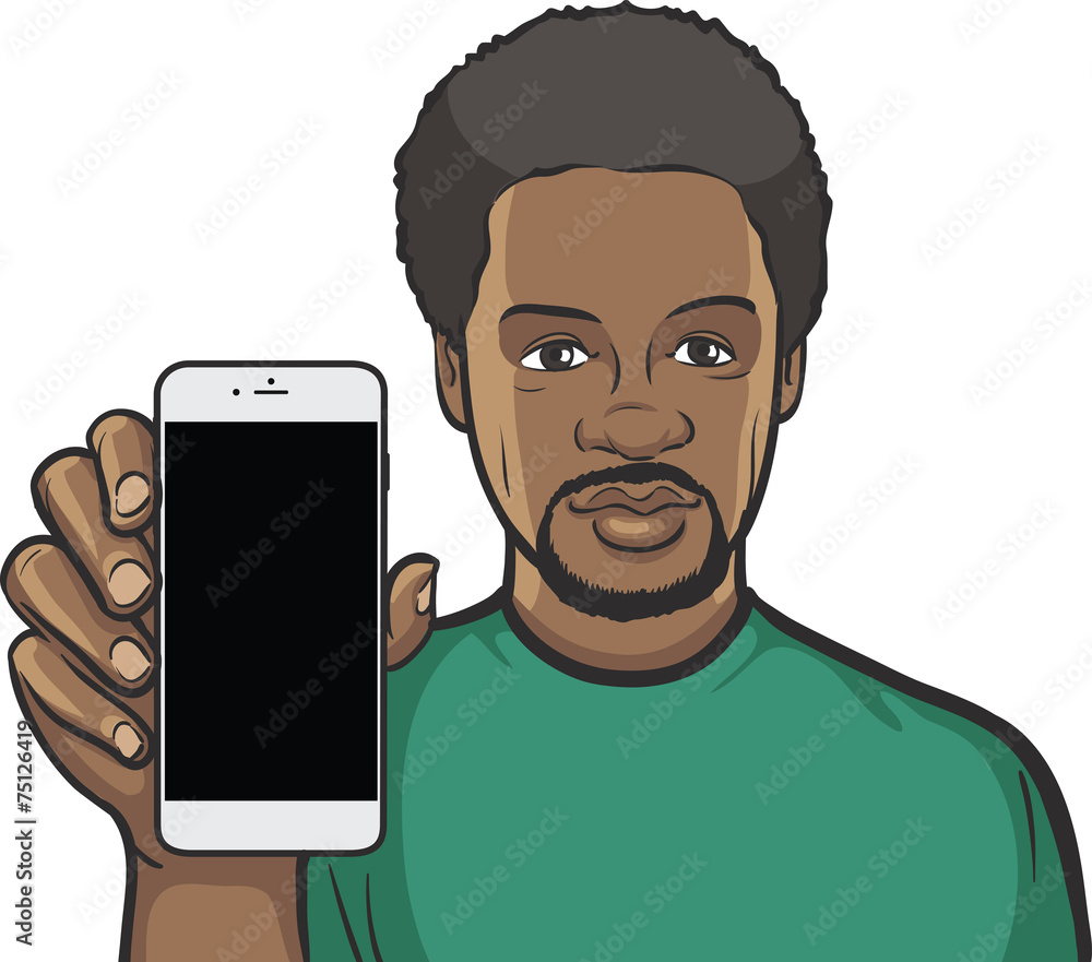black man showing a mobile app on a smart phone Stock Vector | Adobe Stock