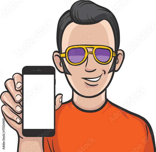 rockabilly fan showing a mobile app on a smart phone