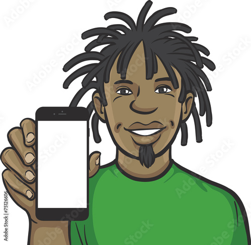 jamaican man showing a mobile app on a smart phone