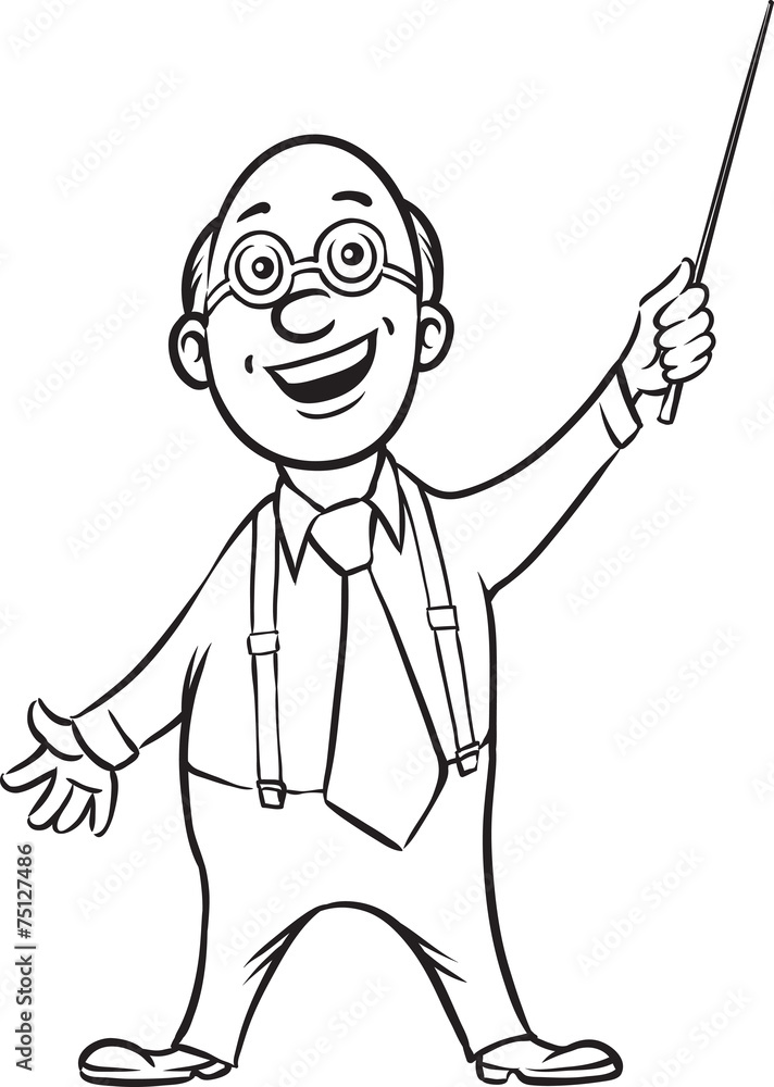 whiteboard drawing - smiling professor with pointer