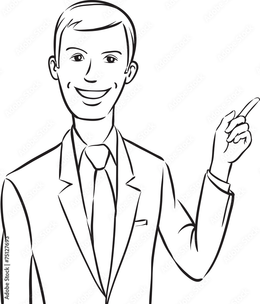 whiteboard drawing - smiling businessman pointing whiteboard drawing - smiling businessman pointing