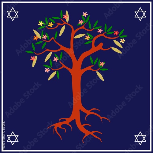 Blooming tree on blue-white background with six-pointed stars