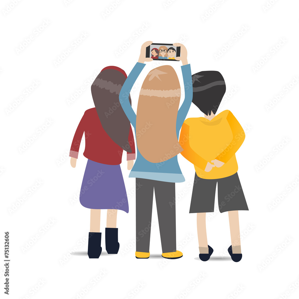 People selfie together with smartphone People selfie together with smartphone