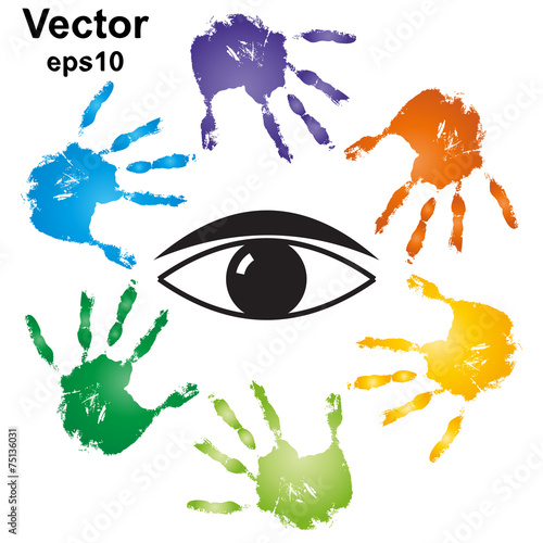 Conceptual human hand print with an eye symbol