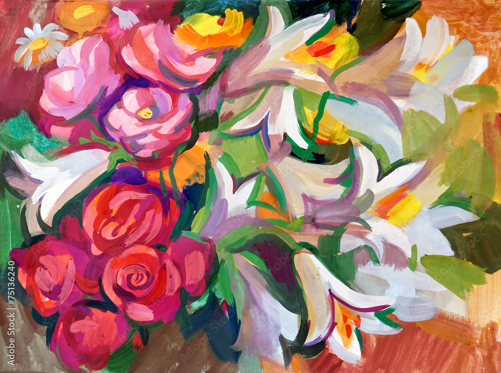 Fototapeta premium Still life a bouquet of flowers. Hand-drawn in gouache