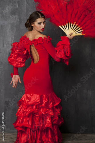 Woman traditional Spanish Flamenco dancer dancing in a red dress photo