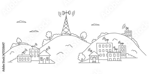 Transmission tower on landscape with signal waves