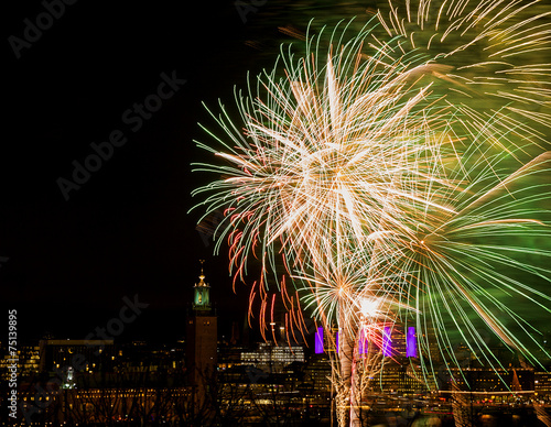 Fireworks exploding over Stockholm.