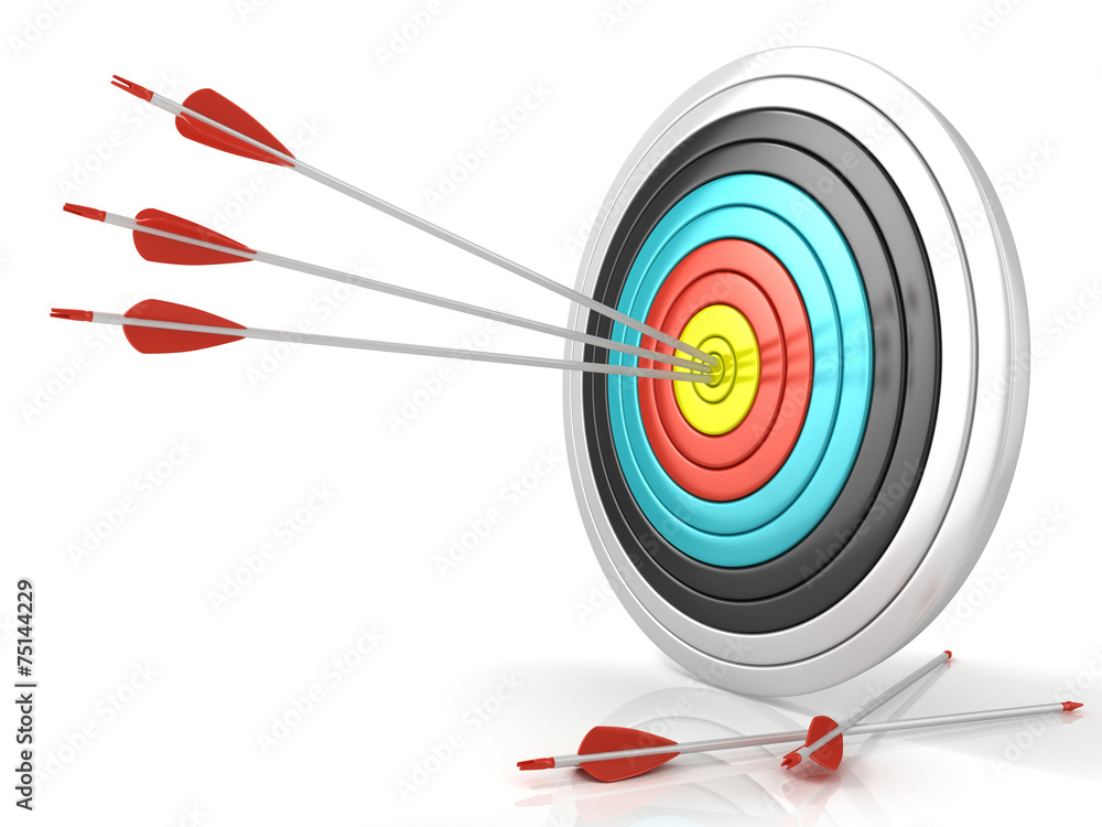 Archery target with red arrows in the center, isolated on white Archery target with red arrows in the center, isolated on white