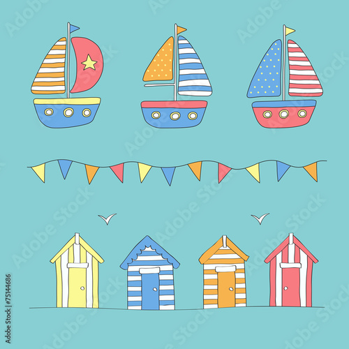 Beach huts, bunting & sailing boats