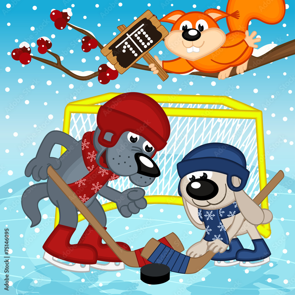Fototapeta premium wolf rabbit play hockey - vector illustration, eps