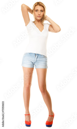 Summer fashion. Pretty sexy girl in denim shorts