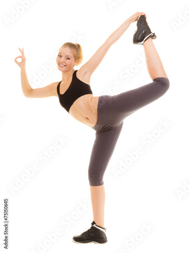 Fitness sporty girl showing ok okay hand sign gesture