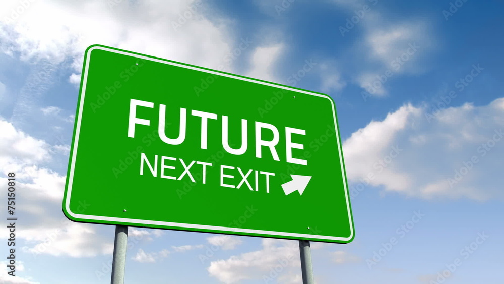 Future and next exit road sign over cloudy sky Future and next exit road sign over cloudy sky