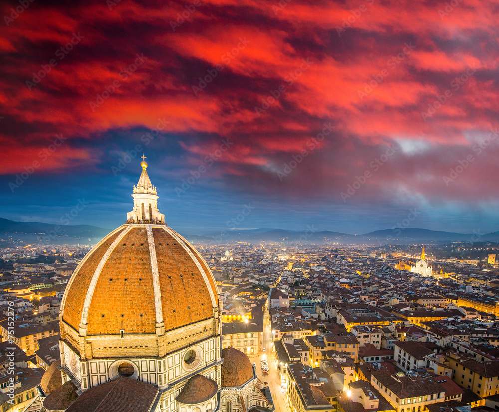 Florence (Italy) - Aerial bird eye view at sunset from Giotto Ca