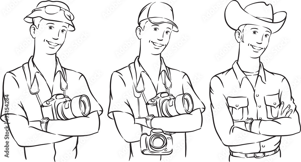 whiteboard drawing - handsome tourist photographer and cowboy whiteboard drawing - handsome tourist photographer and cowboy