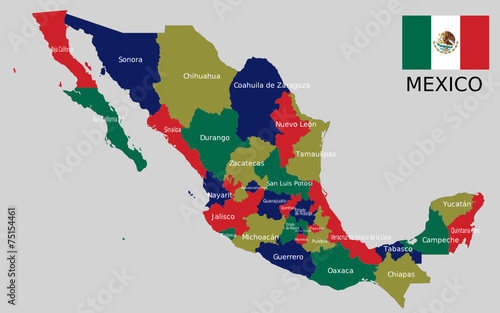 Highly detailed political Mexico map