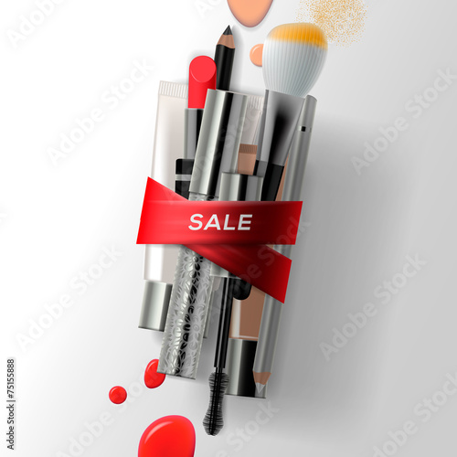Various makeup brushes and cosmetics