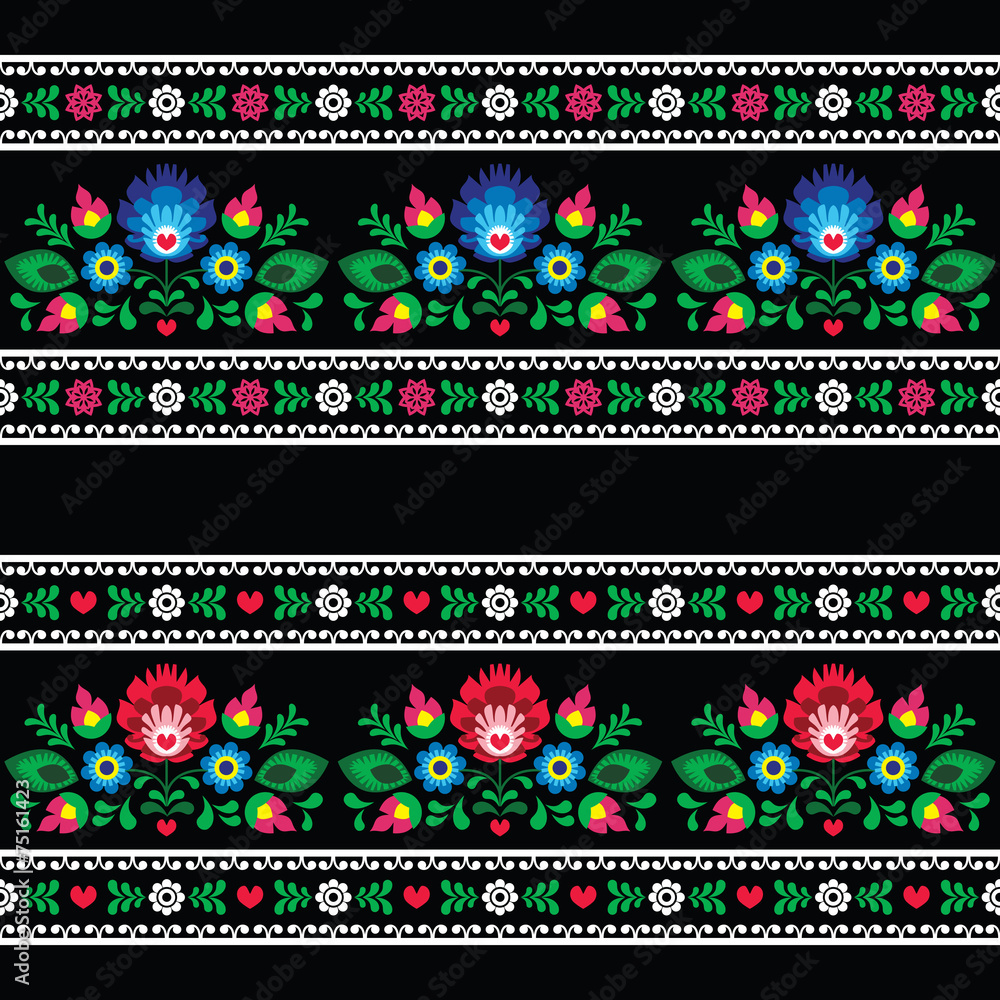 Seamless Polish folk art pattern with flowers on black - obrazy, fototapety, plakaty 