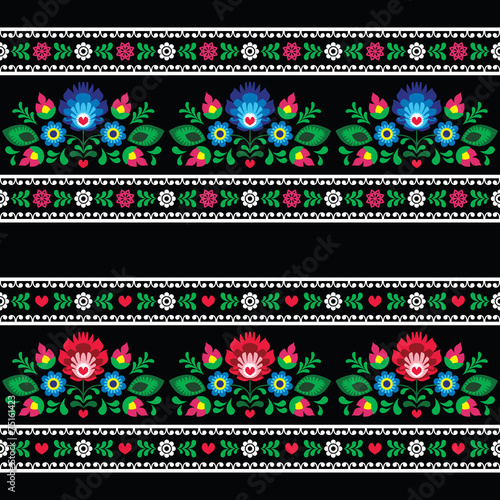 Valokuvatapetti Seamless Polish folk art pattern with flowers on black