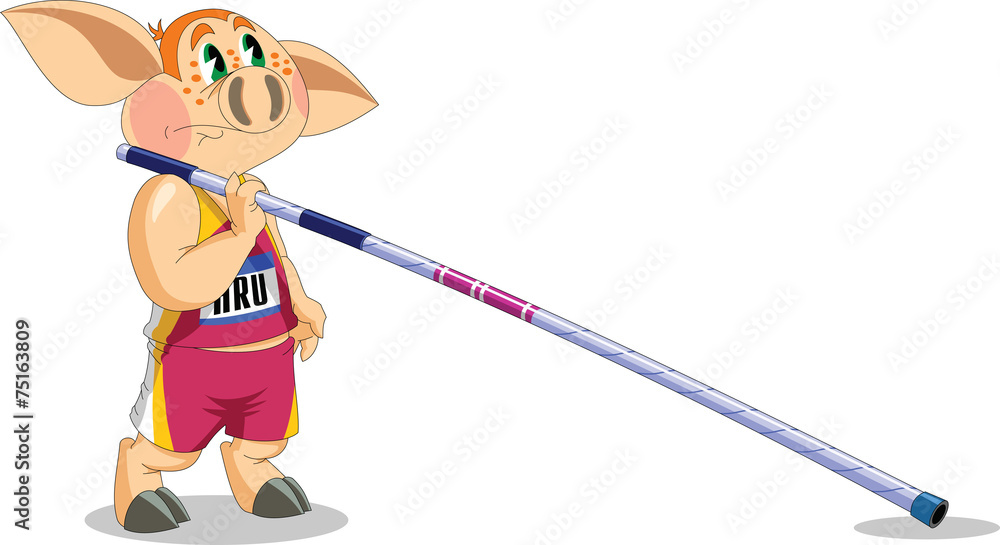 Fototapeta premium little piglet is pole vaulter
