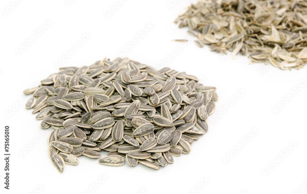 Pile of sunflower seeds in focus and a pile of husks